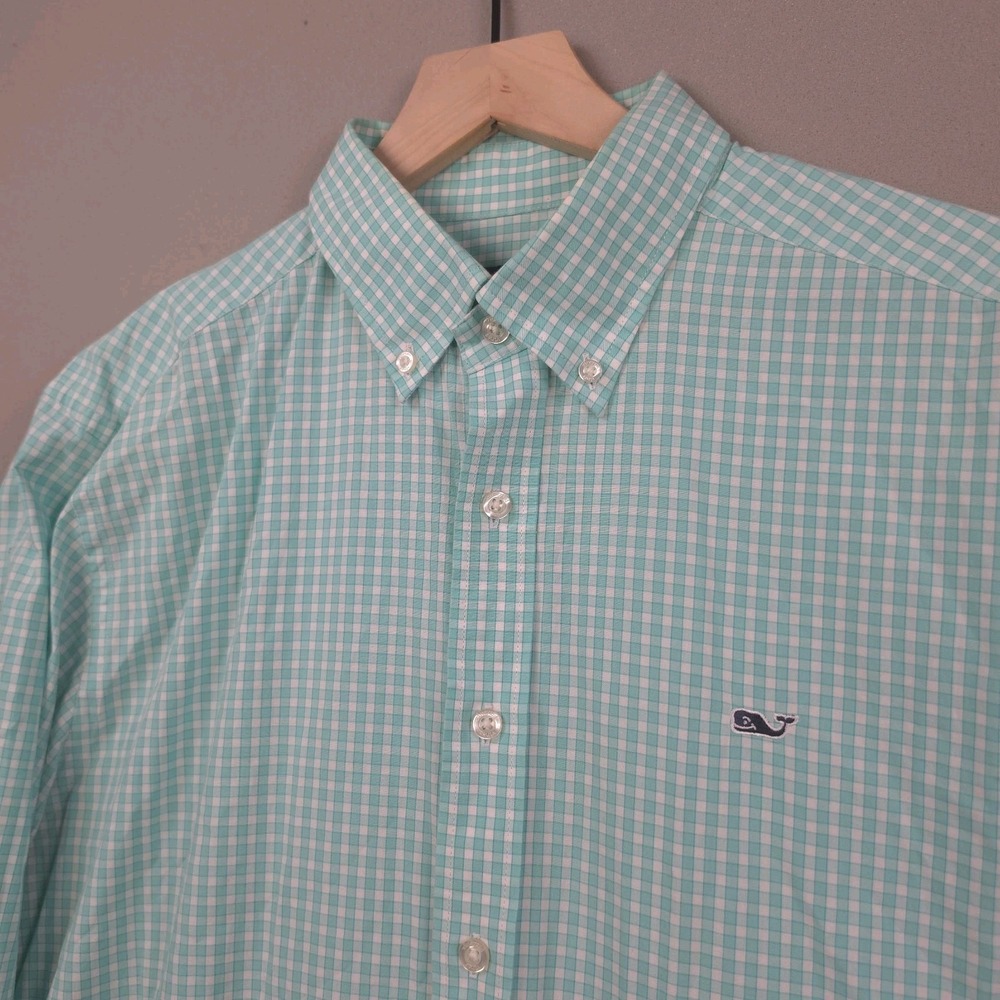 Vineyard Vines Slim Fit Whale Shirt Mens L Green White Gingham Check Button Down